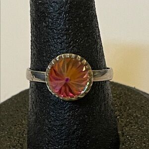 Sterling Silver Ring with Multicolor Multi Faceted Crystal size 6.3/4